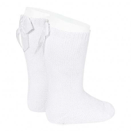 Garter stitch knee high socks with bow WHITE