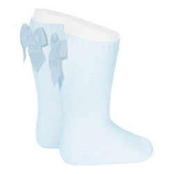 Garter stitch knee high socks with bow BABY BLUE