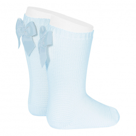 Garter stitch knee high socks with bow BABY BLUE