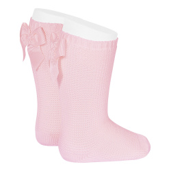 Garter stitch knee high socks with bow PINK
