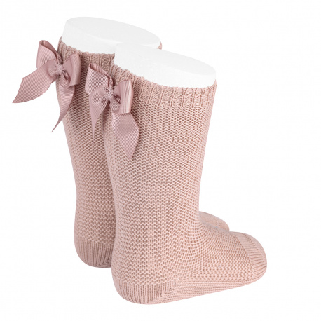 Garter stitch knee high socks with bow OLD ROSE