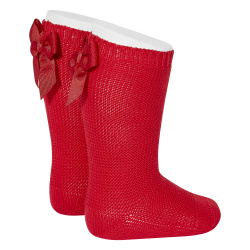 Garter stitch knee high socks with bow RED