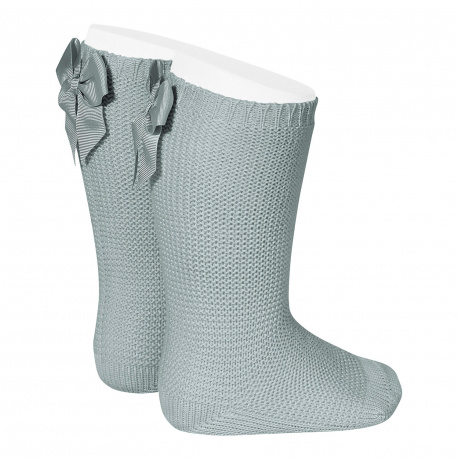Garter stitch knee high socks with bow DRY GREEN