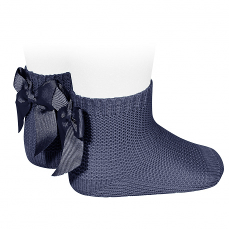 Garter stitch short socks with bow NAVY BLUE