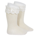 Lace trim knee socks with bow LINEN