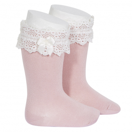 Lace trim knee socks with bow PALE PINK