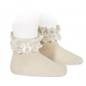 Lace trim short socks with bow LINEN