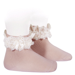 Lace trim short socks with bow PALE PINK