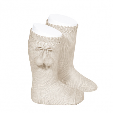 Perle knee high socks with pompoms LINEN