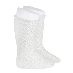 Net openwork perle knee high socks w/rolled cuff CREAM
