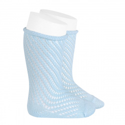 Net openwork perle knee high socks w/rolled cuff BABY BLUE
