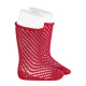 Net openwork perle knee high socks w/rolled cuff RED