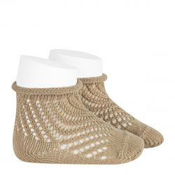 Net openwork perle short socks with rolled cuff ROPE