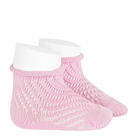 Net openwork perle short socks with rolled cuff PINK