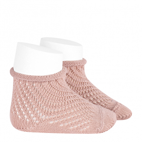 Net openwork perle short socks with rolled cuff OLD ROSE