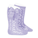 Cotton openwork knee-high socks with bow MAUVE