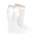 Cotton openwork knee-high socks with bow WHITE