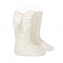 Cotton openwork knee-high socks with bow LINEN