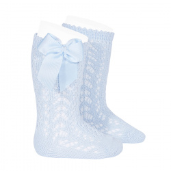 Cotton openwork knee-high socks with bow BABY BLUE
