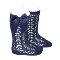 Cotton openwork knee-high socks with bow NAVY BLUE