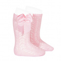 Cotton openwork knee-high socks with bow PINK