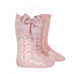 Cotton openwork knee-high socks with bow PALE PINK