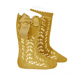 Cotton openwork knee-high socks with bow MUSTARD