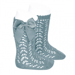 Cotton openwork knee-high socks with bow DRY GREEN