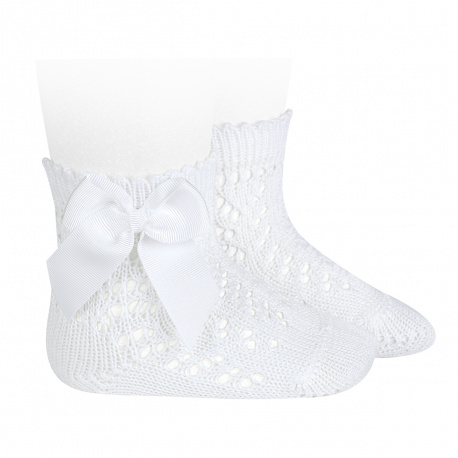 Cotton openwork short socks with bow WHITE