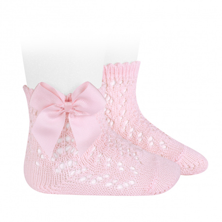 Cotton openwork short socks with bow PINK