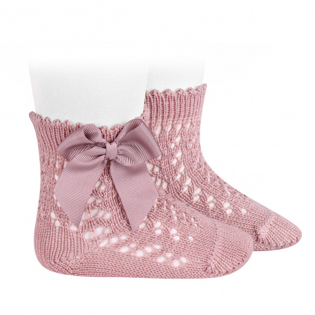 Cotton openwork short socks with bow PALE PINK