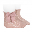 Cotton openwork short socks with bow OLD ROSE