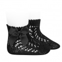 Cotton openwork short socks with bow BLACK