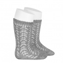 Metallic yarn openwork perle knee socks ALUMINIUM