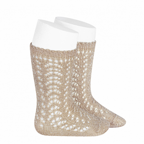 Metallic yarn openwork perle knee socks BEIGE