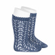Metallic yarn openwork perle knee socks FRENCH BLUE