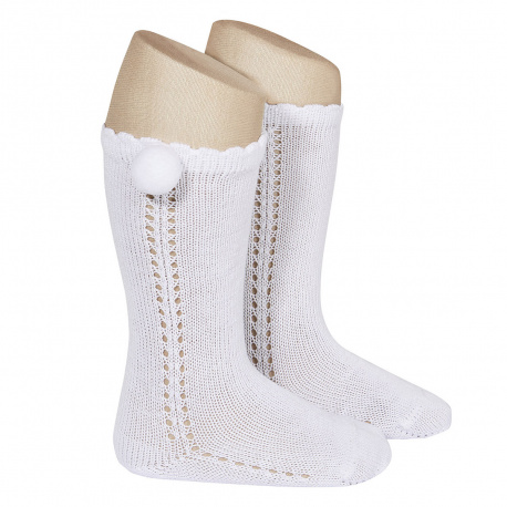 Side openwork perle knee high socks withpompom WHITE