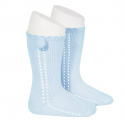 Side openwork perle knee high socks withpompom BABY BLUE