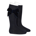 Side velvet bow knee-high socks NAVY BLUE