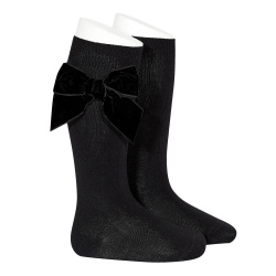 Side velvet bow knee-high socks BLACK