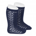 Side openwork knee-high warm-cotton socks NAVY BLUE