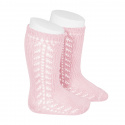 Side openwork knee-high warm-cotton socks PINK
