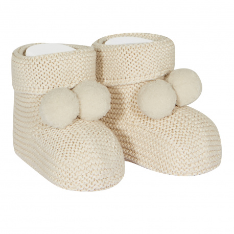 Garter stitch baby booties with pompoms LINEN