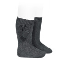 Warm cotton rib knee-high socks with pompoms ANTHRACITE