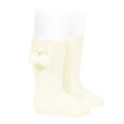 Warm cotton rib knee-high socks with pompoms BEIGE
