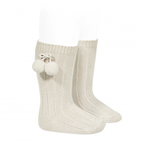 Warm cotton rib knee-high socks with pompoms LINEN
