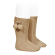 Warm cotton rib knee-high socks with pompoms CAMEL