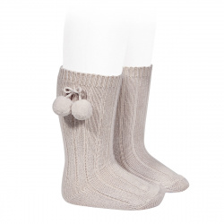 Warm cotton rib knee-high socks with pompoms STONE