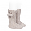 Warm cotton rib knee-high socks with pompoms STONE