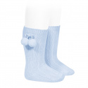 Warm cotton rib knee-high socks with pompoms BABY BLUE
